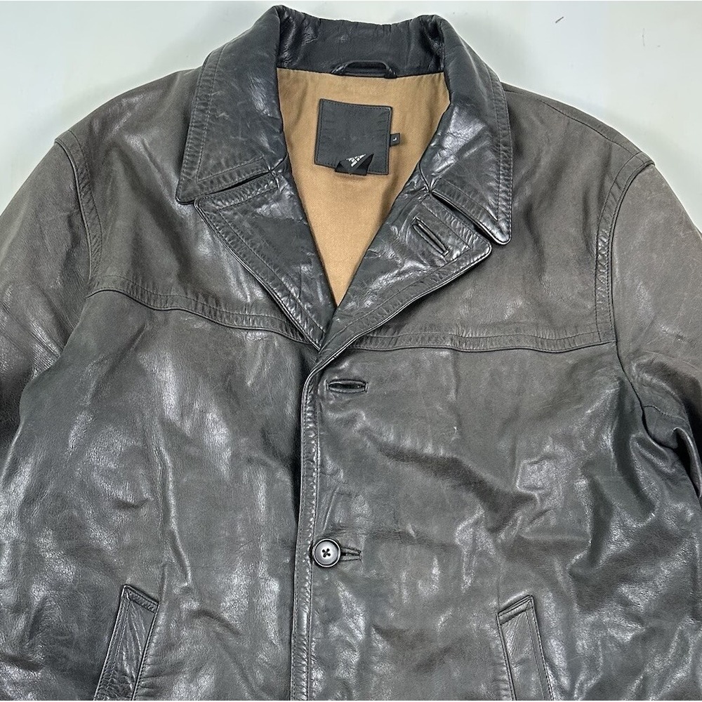 VTG Y2K J.Crew Leather Field Jacket Men Large Lined‎ Dark Brown Car Coat Patina
